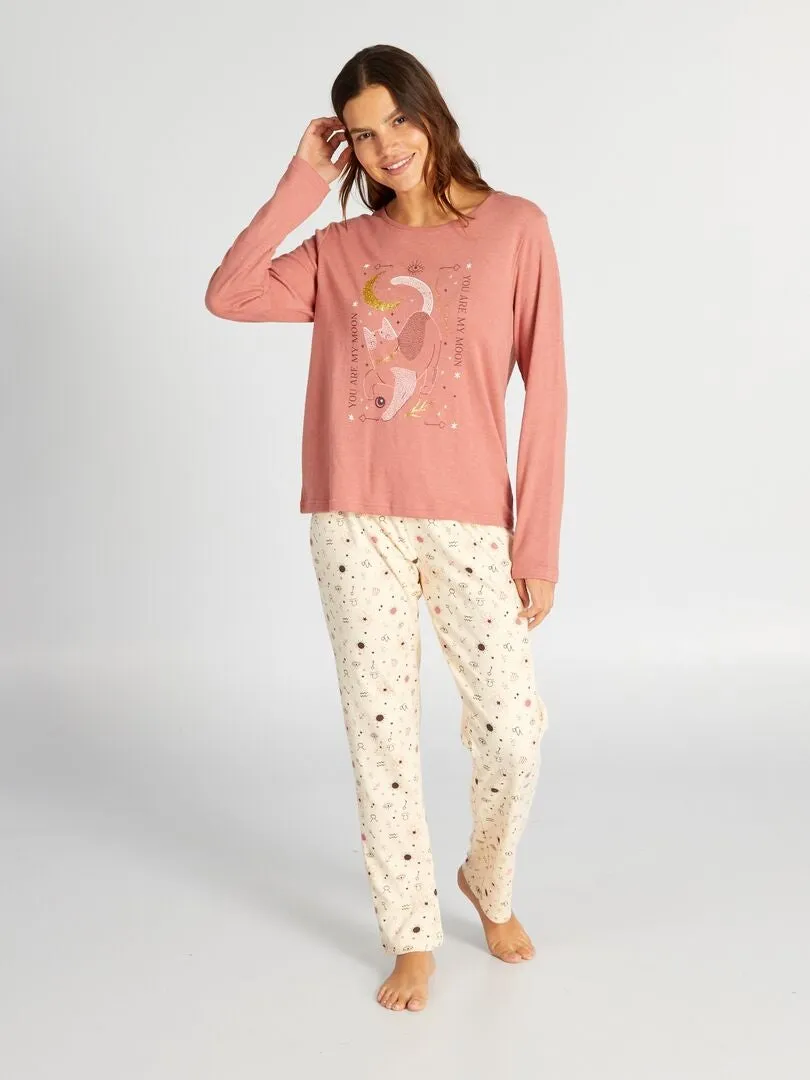 CONJUNTO DE PIJAMA LARGO CAMISETA + PANTALóN DE PUNTO  2 PIEZAS  NARANJA
